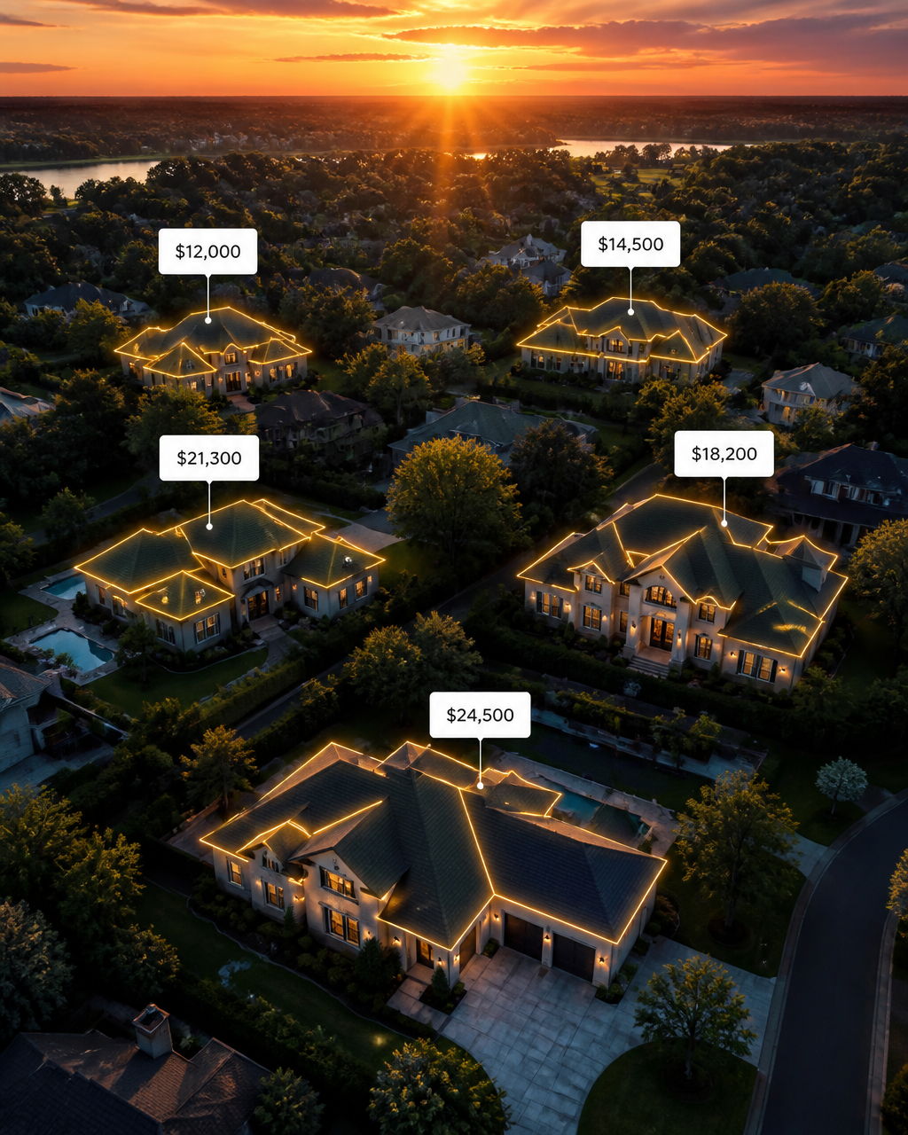 Aerial view of high-end neighborhood with roofs highlighted for instant quotes